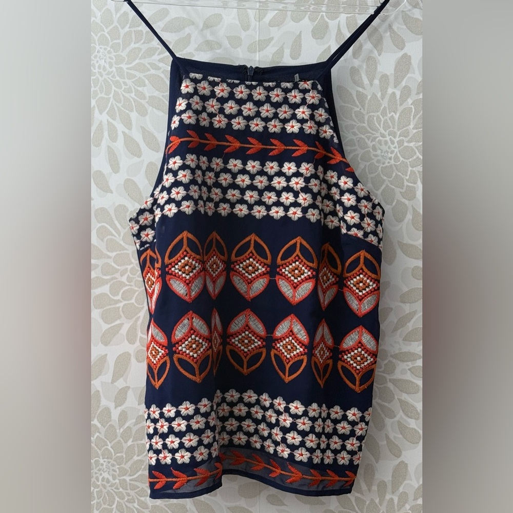 Endless Rose Women’s M Navy Orange Embroidered Flower Boho Sleeveless Top Blouse